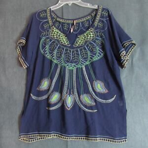 Mushka Sienna Rose Top Womens Large Blue Floral Embroidered Sheer Boho Tribal